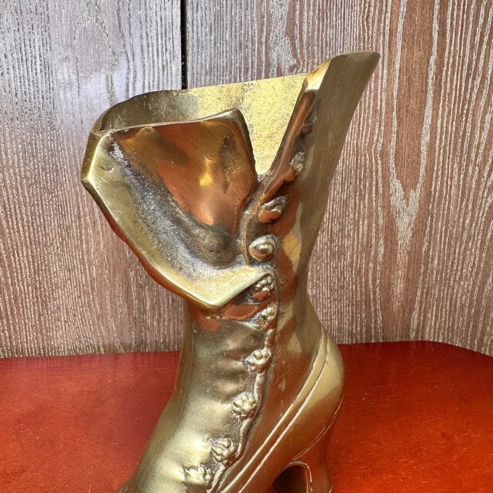 Vintage Solid Brass Victorian High Top Button Boot Vase Planter Decor 9